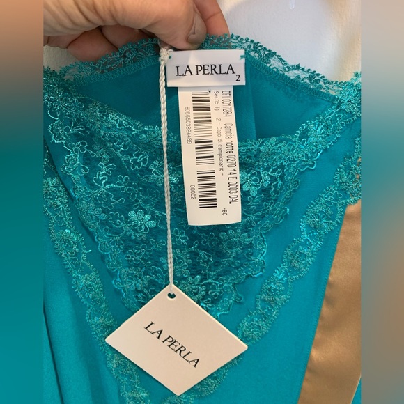 La Perla Teal and Tan Lace midi Slip Dress - Picture 4 of 8